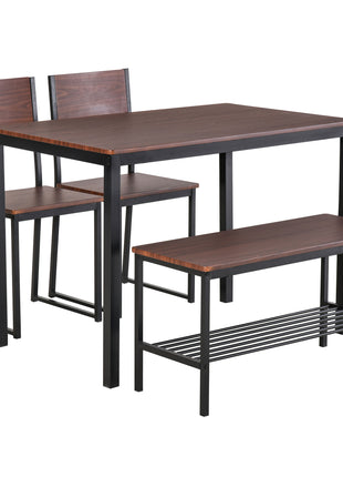 Industrial 4 Piece Dining Room Table Set with Bench Wooden Kitchen Table and Chairs w/ Storage Rack for Kitchen, Dinette, Rustic Brown/Black