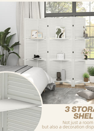 5 Panel 67" Tall Wood Privacy Screen Room Divider with 3 Shelves and Folding Storage for Bedroom, White