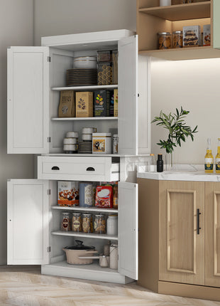 72.5" Kitchen Cabinet, Pantry Storage Cabinet with Doors and Shelves, Freestanding Food Pantry Cabinet, White Wood Grain