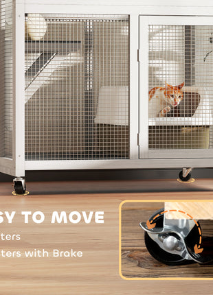 74" Wooden Catio Outdoor Cat Enclosure Weatherproof & Wheeled, Outside Cat House with High Weight Capacity, Kitten Cage Condo, White