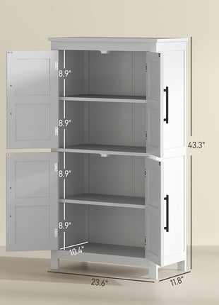 Bathroom Floor Storage Cabinet, Farmhouse Bathroom Cabinet with 4 Doors and Adjustable Shelf, White