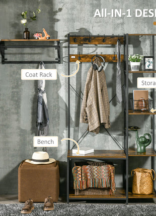 Industrial Hall Tree with Side Storage Shelves, Entryway Bench with Coat Rack, Freestanding Coat Tree with Shoe Storage and Hooks, Rustic Brown