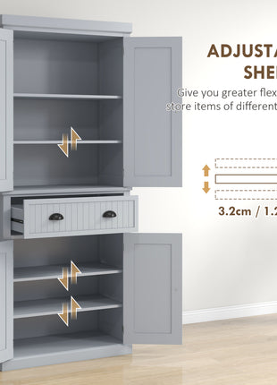 72" Traditional Kitchen Pantry Cabinet, Freestanding Tall Storage Cabinet with 4 Doors, Drawer and 3 Adjustable Shelves for Dining Room, Gray