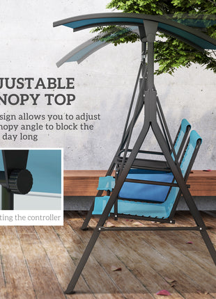 2 Person Porch Swing with Canopy, Storage Table, Cup Holder, Blue