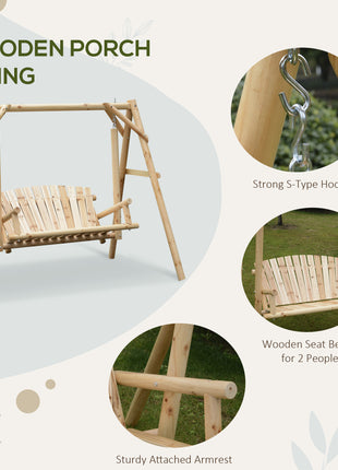 2-Seat Wooden Swing Bench, Ergonomic Design, 'A' Frame Construction, Stable and Non-Slip, Solid Wood Frame Log Garden Swing, for Outdoor and Indoor, Natural Wood