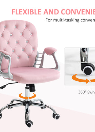 Button Tufted Desk Chair, Home Office Chair with Padded Armrests, Adjustable Height and Swivel Wheels, Pink