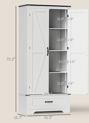 72" Farmhouse Pantry Cabinet with Adjustable Shelves, Kitchen Pantry Cabinet with 2 Doors, Distressed White
