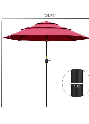 9FT 3 Tiers Patio Umbrella Outdoor Market Umbrella with Crank, Push Button Tilt for Deck, Backyard and Lawn, Wine Red