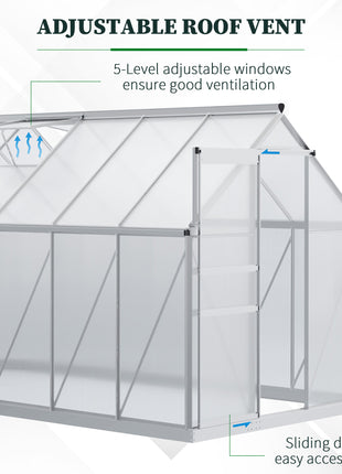 12' x 6' x 6.5' Polycarbonate Greenhouse with Aluminum Frame, Walk-in Heavy Duty Green House with Adjustable Roof Vent, Rain Gutter and Sliding Door for Winter, Silver