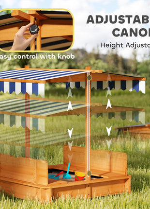 Wooden Kids Sandbox with Cover, Children Outdoor Sand Box with Foldable Bench Seats and Adjustable Canopy, Brown