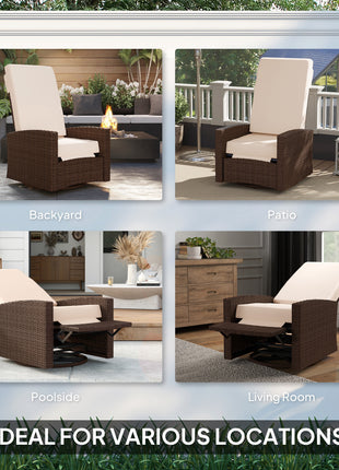 Outdoor Wicker Swivel Recliner Chair, Lifting Footrest, 360° Rotating Basic, Water-resistant Cushions, Cream White
