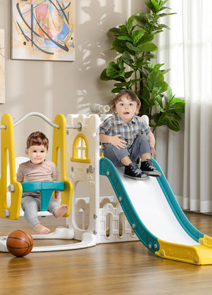 6 in 1 Toddler Slide and Swing Set Indoor for Age 1-3 Years w/ Basketball Hoop, Climber, Storage Telescope, Yellow