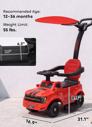 3-in-1 Push Car for 1-3, Licensed FORD Shelby Sliding Walking Car with Parent Handle, Canopy, Guardrail, Storage, Red