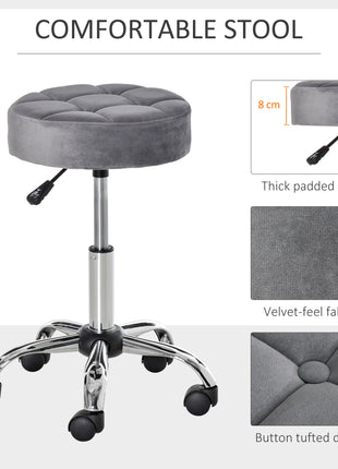 Round Rolling Stool with Height Adjustable Lift, Vanity Chair with Luxury Style Upholstery, Office Chair with Swivel Seat and Wheels for Work Spa Salon, Grey