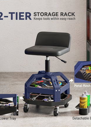 Rolling Creeper Garage Stool, 300 LBS Capacity Mechanic Stool with 360° Wheels, Tool Tray, Adjustable Height, Blue