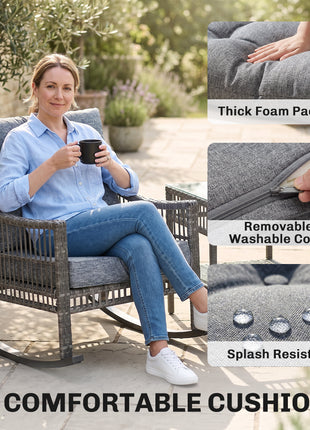 3 Piece Outdoor PE Rattan Rocker Chair Set, Rocking Chair with Tempered Glass Table Top, Gray