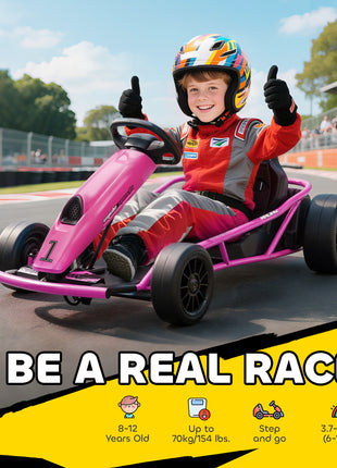 24V Electric Go Kart for Kids, Drift Ride-On Racing Go Kart with 2 Speeds, for Boys Girls Aged 8-12 Years Old, Pink