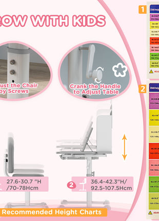 Height Adjustable Kids Desk and Chair Set for Writing Drawing w/ Tilt Desktop, Storage Drawer and Reading Rack, Gray