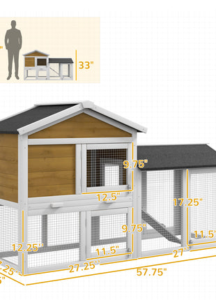 58" Wooden Rabbit Hutch with Run, Removable Tray, Asphalt Roof,  Lockable Doors and Ramp, Nature Wood