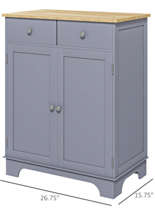 Kitchen Storage Cabinet, Sideboard Floor Cupboard with Solid Wood Top, Adjustable Shelf, and 2 Drawers, Gray