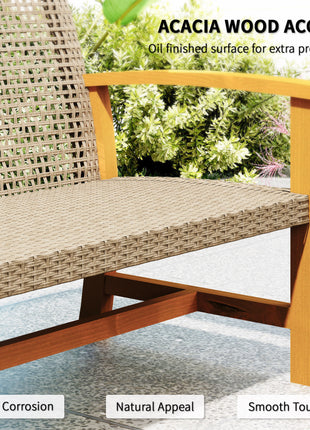 3-Seat Wicker Outdoor Couch Patio Sofa, Acacia Wood Patio Furniture with Steel Seat Armrests, 1000 LBS Capacity, Teak