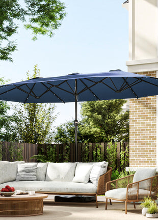 Garden Parasol 14.4ft Double-Sided Sun Umbrella with Base, Patio Parasol with LED Solar Lights, Navy Blue