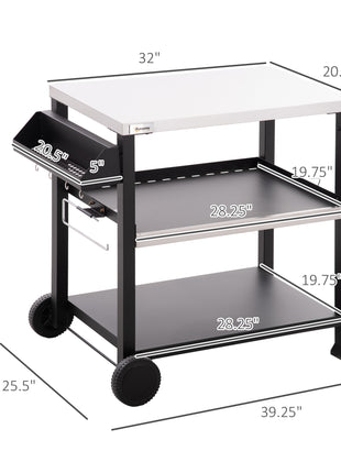 3-Shelf Outdoor Grill Cart Table with Side Handle, Stainless Steel Pizza Oven Stand on Wheels, Black