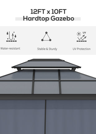 10' x 12' Hardtop Gazebo Canopy with Polycarbonate Roof, Aluminum Frame, Permanent Pavilion Outdoor Gazebo with Netting, for Patio, Garden, Backyard, Deck, Lawn, Black