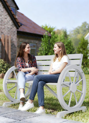 41" Wooden Wagon Wheel Bench, Rustic Outdoor Patio Weather Resistance Furniture, 2-Person Slatted Seat Bench with Backrest, Light Gray