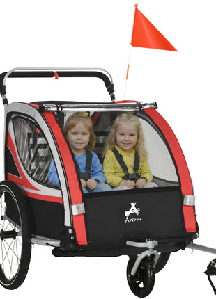 3-in-1 Bike Trailer for Kids, Running Stroller with 2 Seats, Jogging Cart with 5-Point Harness, Storage Units, Red