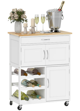 Rolling Kitchen Cart, Kitchen Island with Storage Drawer, 9-bottle Wine Rack, Door Cabinets, Wooden Countertop, White