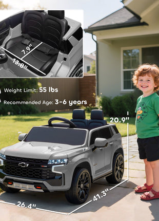 Licensed Chevrolet Tahoe Ride On Car, 12V 7AH Battery Power Ride On Toy with Parent Remote Control, LED Lights, Music, 4 Wheeler Suspension, 3 Speeds, Kids Electric Vehicle for Aged 3+, Gray