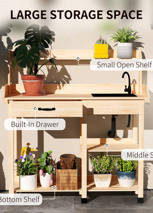 Potting Bench Table, Outdoor Garden Table Wooden Work Station with Removable Sink, Faucet, Drawer, Shelves, Hooks, Natural Wood