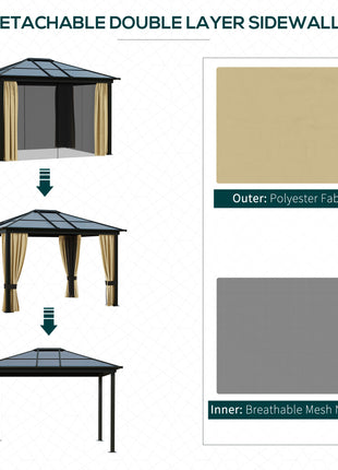 10' x 12' Hardtop Gazebo Canopy with Polycarbonate Roof, Aluminum Frame, Permanent Pavilion Outdoor Gazebo with Netting, for Patio, Garden, Backyard, Deck, Lawn, Black, Beige