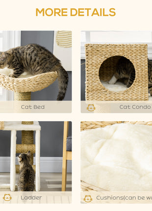 Cattail Weave Cat Tree for Indoor Cats Kitty Tower with Rattan Cat Condo, Wicker Bed, Ladder, Washable Cushions, 22.5" x 14.5" x 39.5", Natural