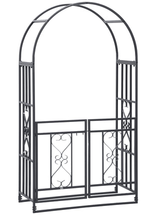 81" Metal Garden Arbor with Double Doors, Locking Gate, Climbing Vine Frame with Heart Motifs, Arch for Wedding, Bridal Party Decoration, Grey