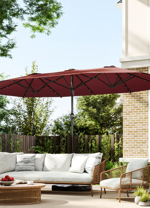 Garden Parasol 14.4ft Double-Sided Sun Umbrella with Base, Patio Parasol with LED Solar Lights, Wine Red