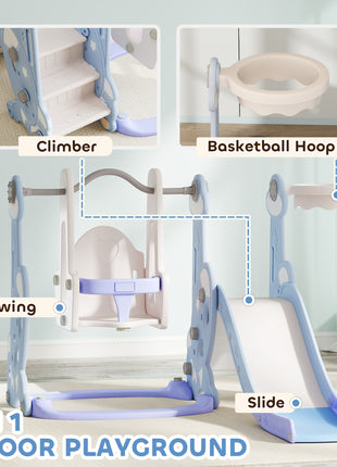 4 in 1 Toddler Slide and Swing Set for Ages 1.5-4, Toddler Playset Playground with Climber, Basketball Hoop, Light Blue