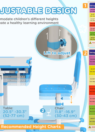 Height Adjustable Kids Desk and Chairs Set with Tilt Desktop, Storage Drawer, Pen Slot, Hook, Blue