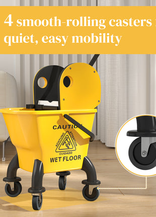 Mop Bucket with Wringer on Wheels for Floor Cleaning, 27.5 Quart Down Press Wringer with Handle and Mop, Yellow