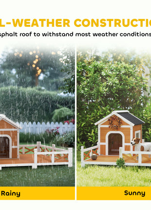 Outdoor Wooden Dog House, Dog Shelter with Large Porch, Weatherproof & Openable Roof, Elevated Base, Removable Floor