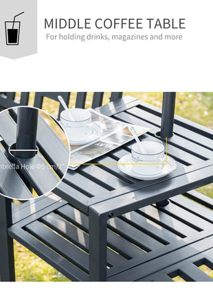 Metal Garden Bench with Middle Table and Umbrella Hole, 2-in-1 Double Patio Chairs, Outdoor 2-person Tete-a-Tete, Slatted, Black