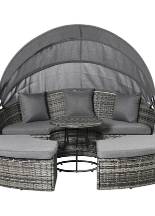 4 Piece Round Rattan Daybed, Convertible Patio Furniture Set, Adjustable Sun Canopy, Sectional Outdoor Sofa, 2 Chairs, Extending Tea Table Ottoman Chair, 3 Pillows, Gray