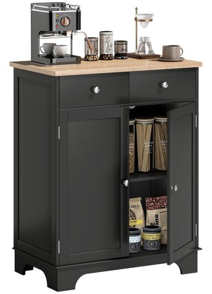 Kitchen Storage Cabinet, Sideboard Floor Cupboard with Solid Wood Top, Adjustable Shelf, and 2 Drawers, Black