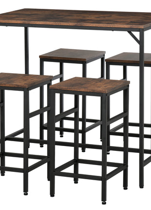 5-Piece Industrial Dining Table Set, Bar Table & 4 Stools Set, Space Saving for Pub & Kitchen, Rustic Brown/Black