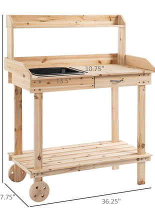 36" Wooden Potting Bench Work Table with 2 Removable Wheels, Garden Workstation with Removable Sink, Drawer & Large Storage Spaces, Natural