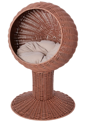 Elevated Cat Bed with Rotatable Egg Chair Pod, Cat Basket Bed with Thick Cushion, Natural Mat Grass Woven Kitty House, Brown