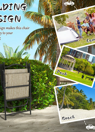 4 Piece Folding Patio Camping Chair Set, Sports Chairs for Adults with Armrests, Mesh Fabric Seat for Lawn, Beige