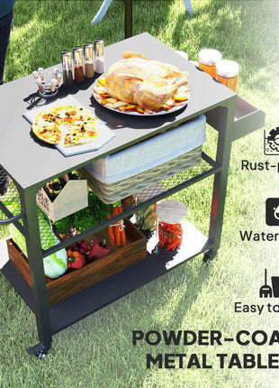 3-Tier Outdoor Grill Cart with Storage Racks, Side Handle, Movable Pizza Oven Table on Wheels