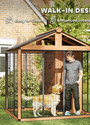 7' x 6' Extra Large Dog House, Wood Outdoor Dog Kennel with Storage Cabinet, Stainless Steel Bowls, Light Yellow
